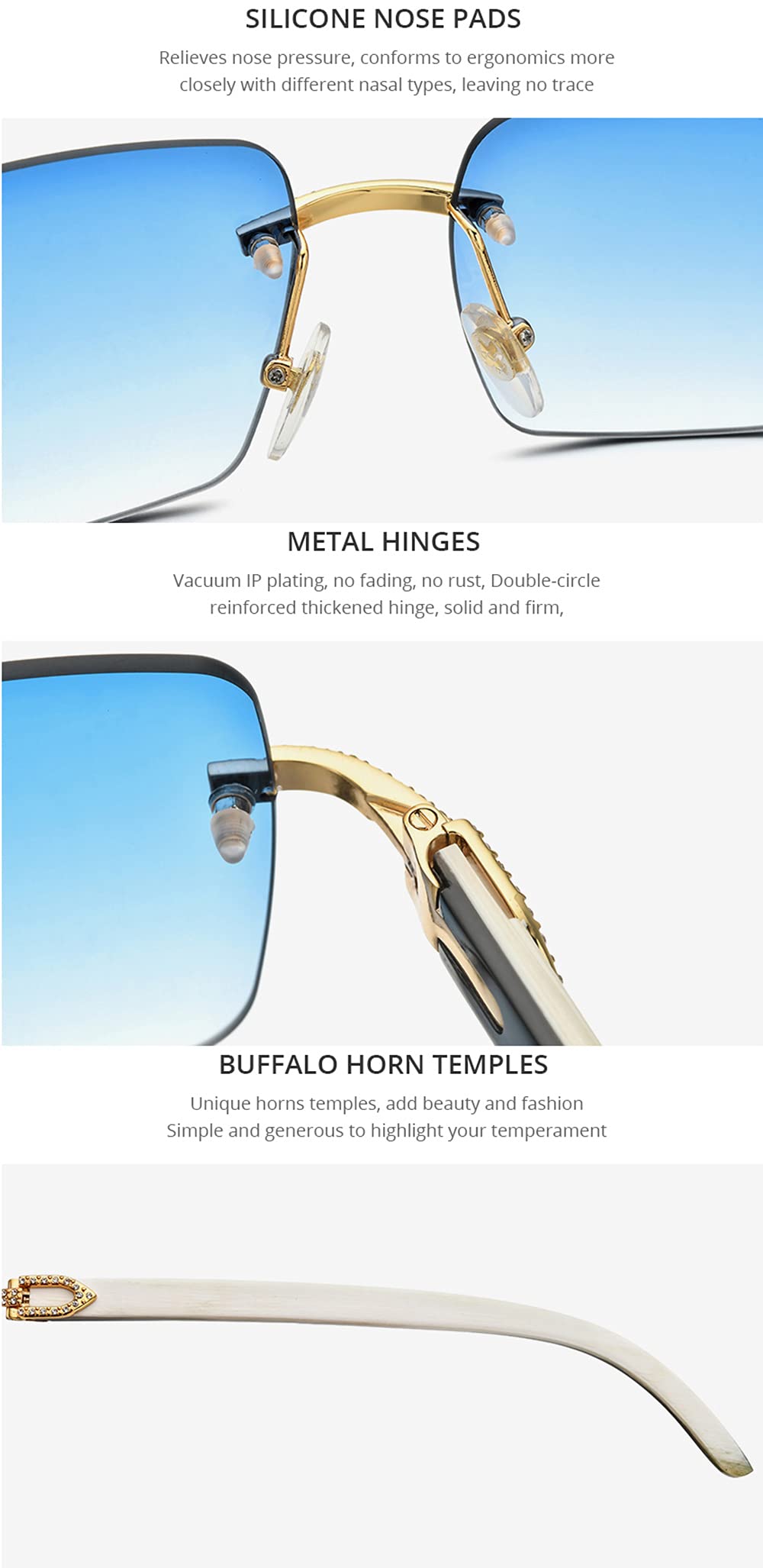 HEPIDEM 100% Really Buffalo Horn Sunglasses for Men Rimless Square Diamonds Buffs Sun Glasses 0015 (Diamond Black Blue)