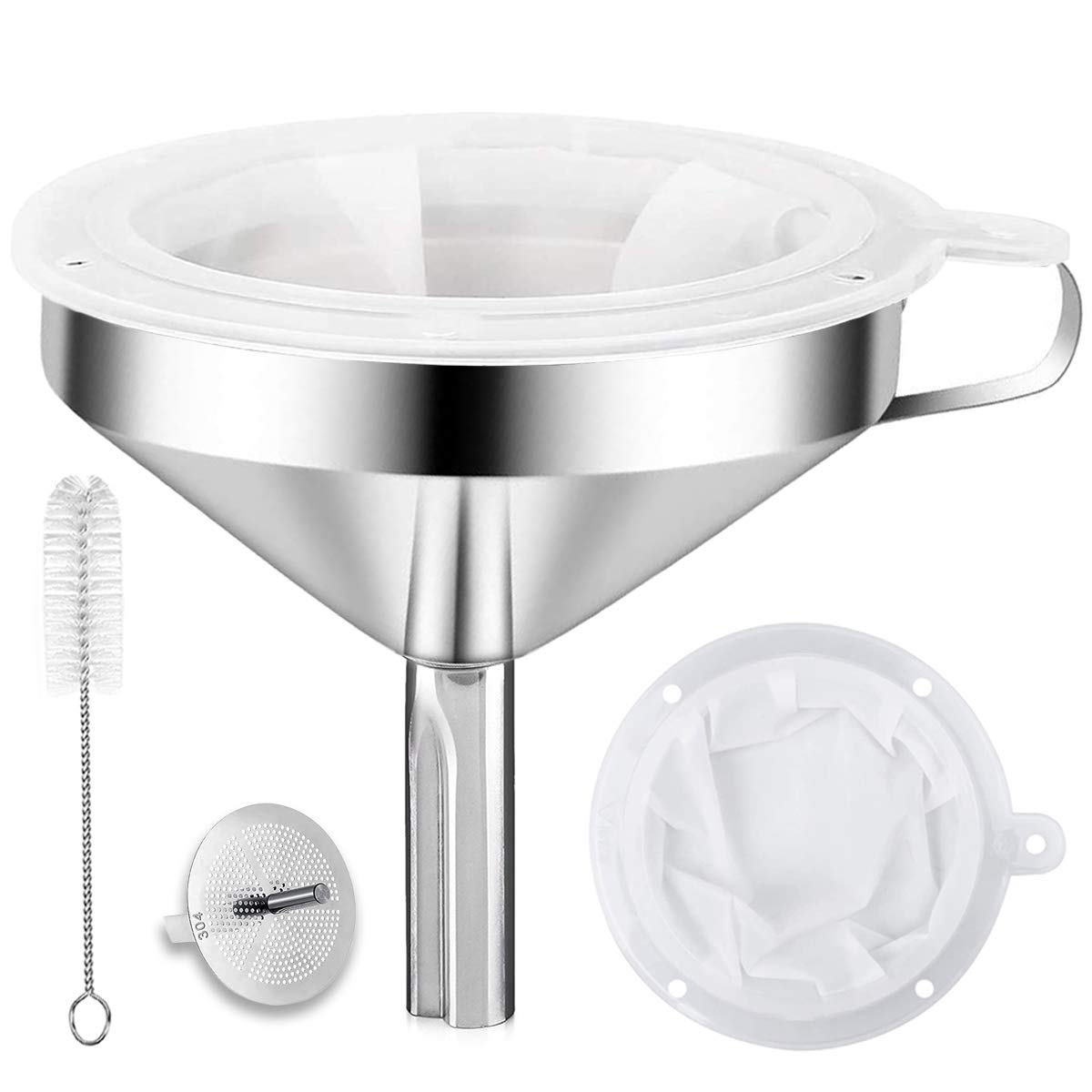 Kitchen Funnel for Filling Bottles, 304 Stainless Steel Food Funnels with Strainer and 200 Mesh Filter, Metal Funnel Set for Transferring Canning Oil Coffee