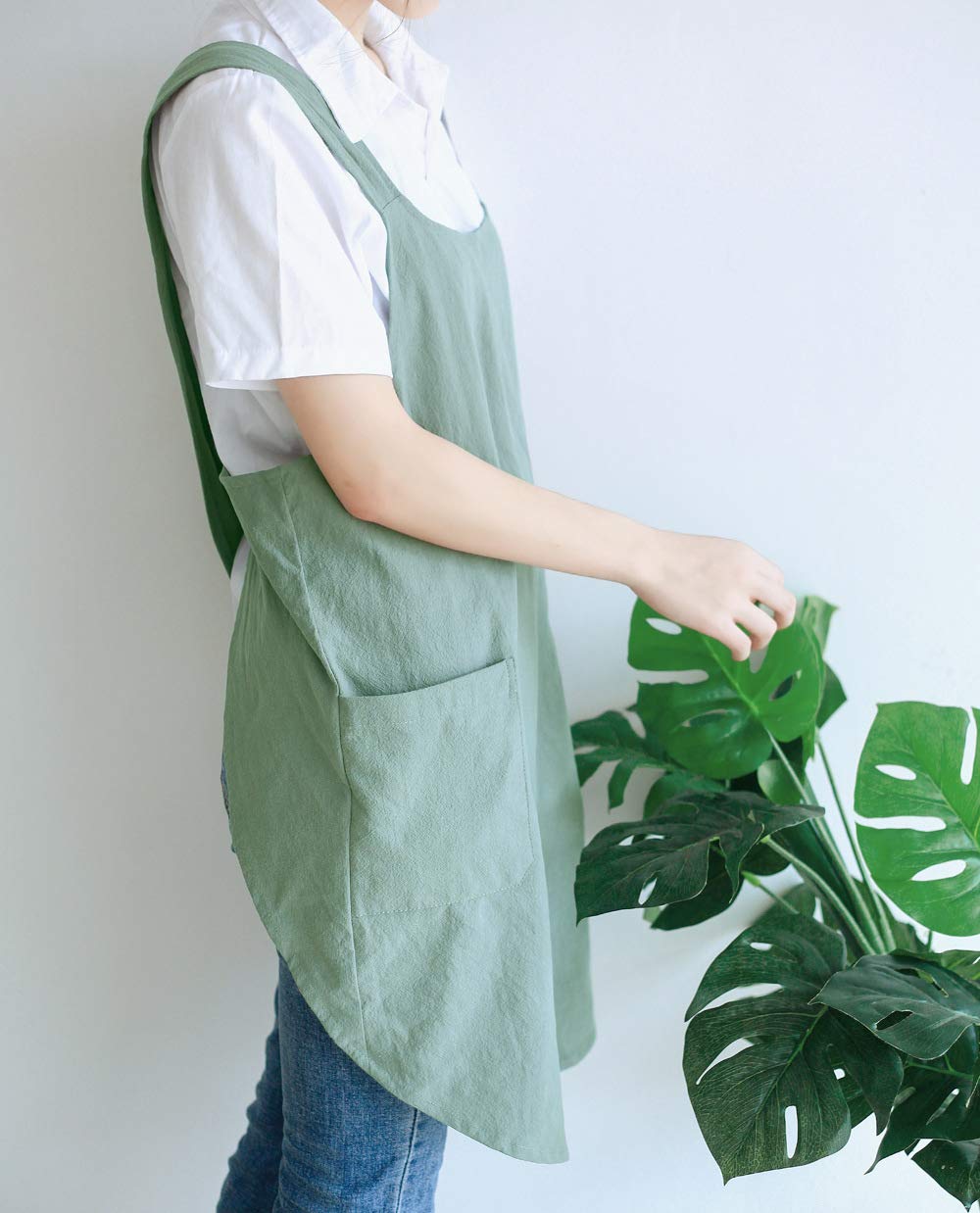 NEWGEM Japanese Linen Cross Back Kitchen Cooking Aprons for Men with Pockets for Baking Painting Gardening Cleaning Light Green