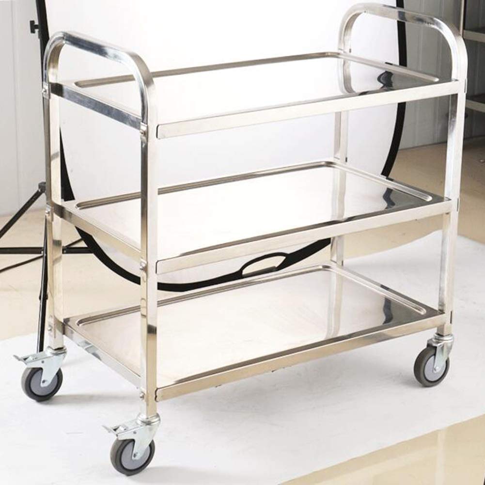 YGCBL Multifunction Serving Portable Hand Trucks,Cart Service Restaurant Warehouse 3 Layers Plus Thick High Temperature Resistance Easy to Push and Pull, 3 Sizes,Kitchen,Silver,95X50X95Cm