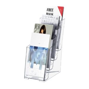 XMSound 3 Pack Acrylic Brochure Holder 4 Inch Wide 4 Tier Clear Literature Holder, Premium Acrylic Multi Pocket Display Stand, Wall Mount or Counter Top