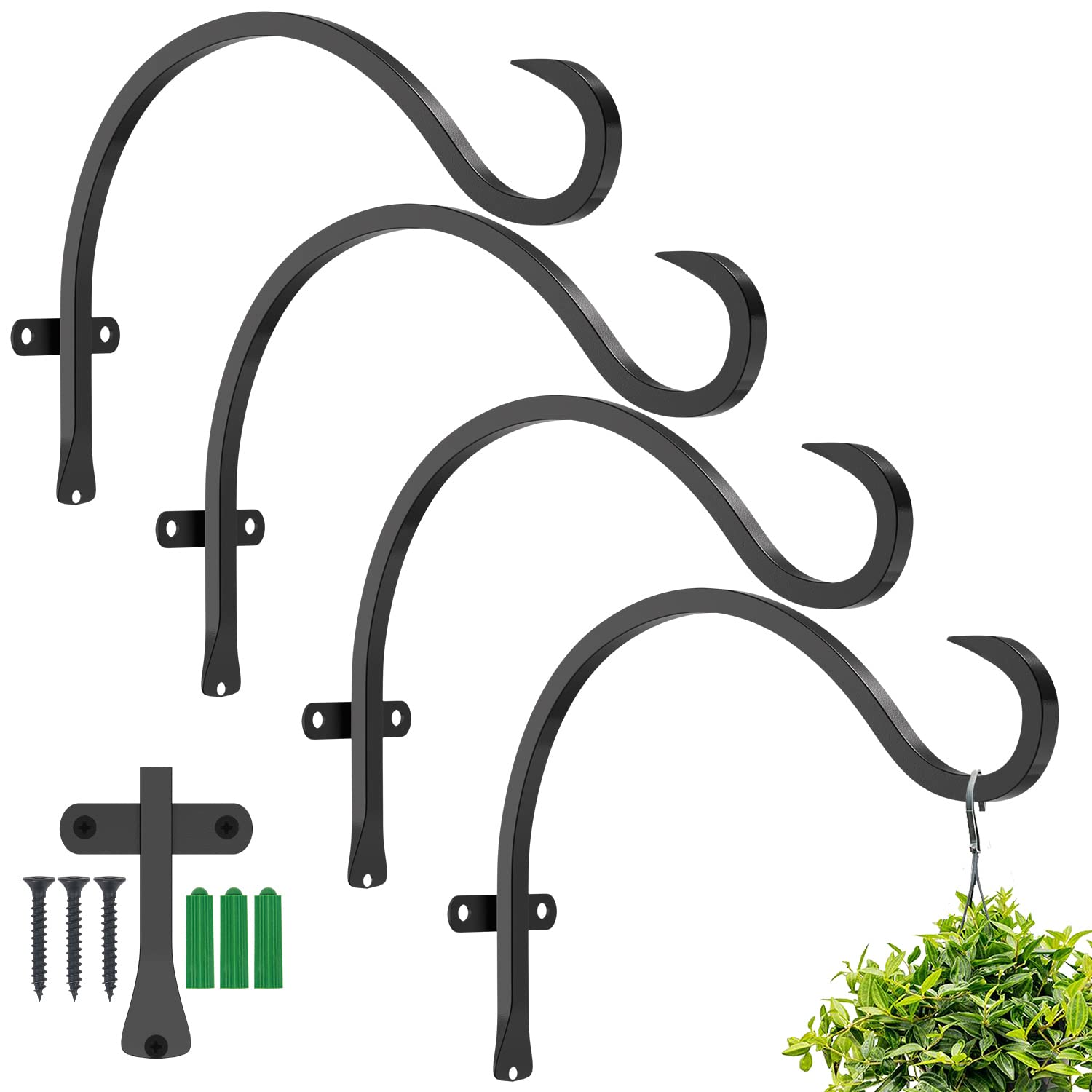 GameXcel Hanging Plant Bracket, 4PCS 12in Large Plant Hangers Outdoor Indoor Heavy-Duty Metal Wall Plant Hooks Plant Hanger with Screws for Home Decor Bird Feeders Lanterns Wind Chimes Decorative