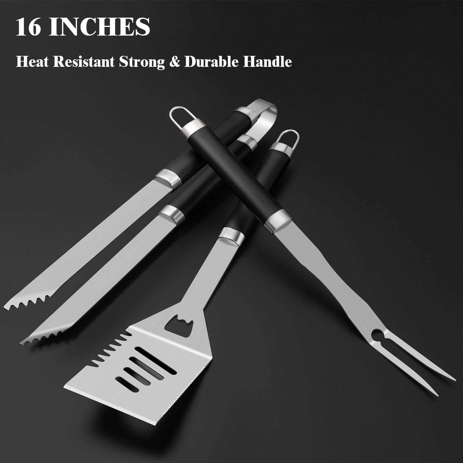 ROMANTICIST 25pcs Extra Thick Stainless Steel Grill Tool Set for Men, Heavy Duty Grilling Accessories Kit for Backyard, BBQ Utensils Gift Set with Spatula,Tongs in Aluminum Case for Birthday Black