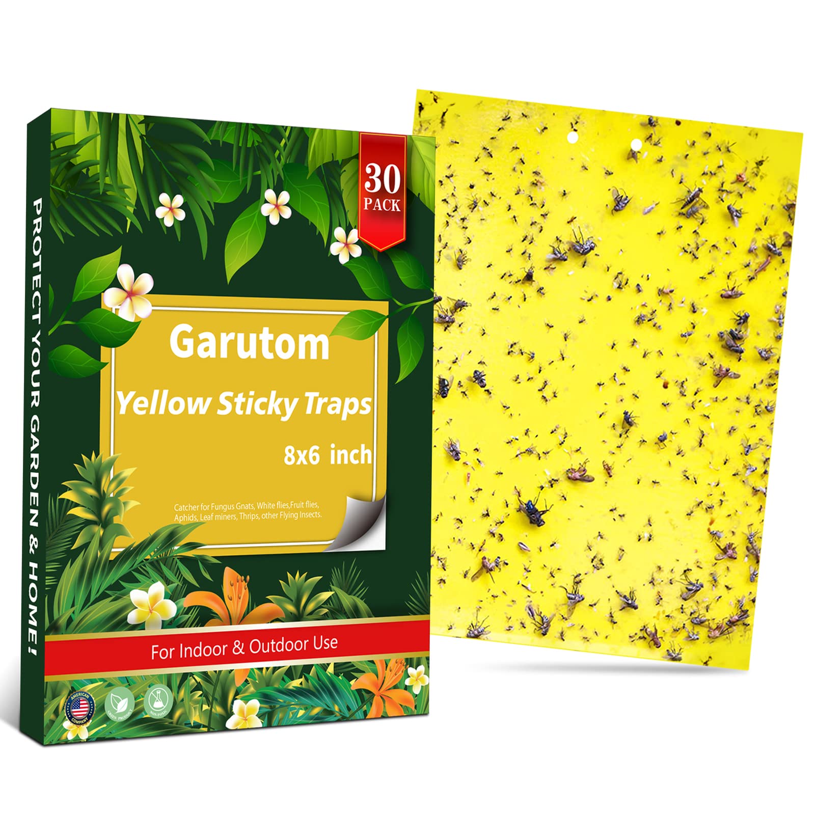 Garutom 30-Pack Dual-Sided Yellow Sticky Traps for Flying Plant Insect Such as Fungus Gnats, Whiteflies, Aphids, Leafminers, etc (6x8 Inches, Included 30pcs Twist Ties)