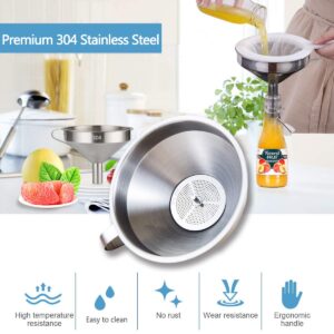 Kitchen Funnel for Filling Bottles, 304 Stainless Steel Food Funnels with Strainer and 200 Mesh Filter, Metal Funnel Set for Transferring Canning Oil Coffee