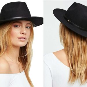 Fedora-Hats for Women-Men Vintage Flat-Wide-Brim Felt-Jazz-Hat Cotton-Blend Panama-Hat Medium/Large Black