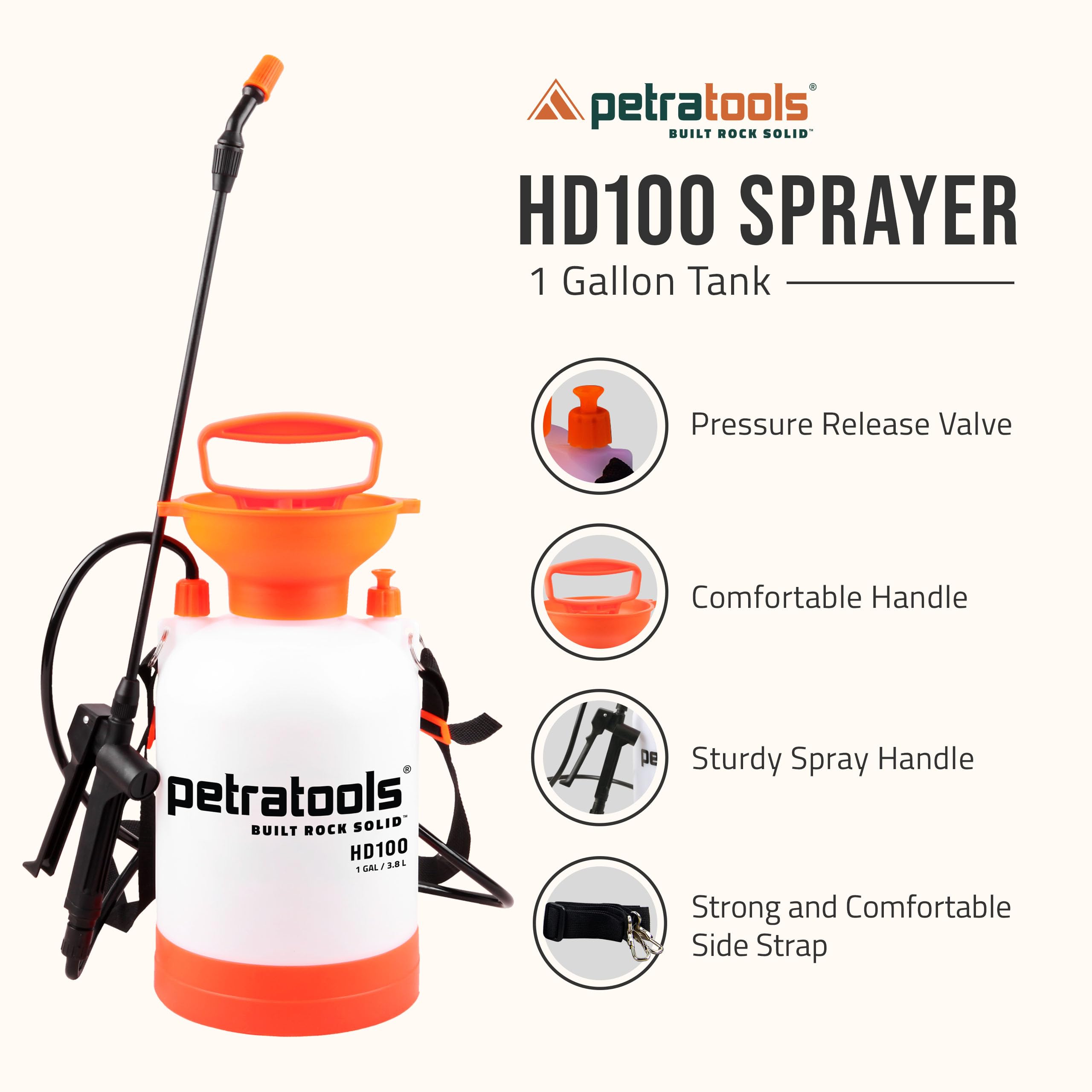 PetraTools 1 Gallon Garden Sprayer, Hand Pump Sprayer, Plant Sprayer & Weed Sprayer, Chemical Lawn Sprayer, Water Sprayer for Plants, 1 Gallon Sprayer with Pump, Sprayers in Lawn and Garden - HD100