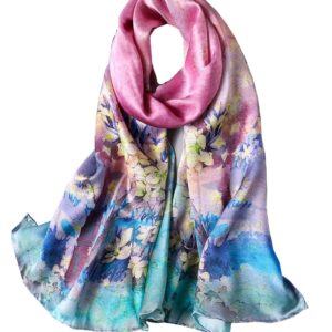 ANDANTINO 100% Mulberry Silk Long Scarf for Women Large Shawls for Headscarf and Neck- Oblong Hair Wraps with Gift Packed (Pink&Yellow Blossoms)