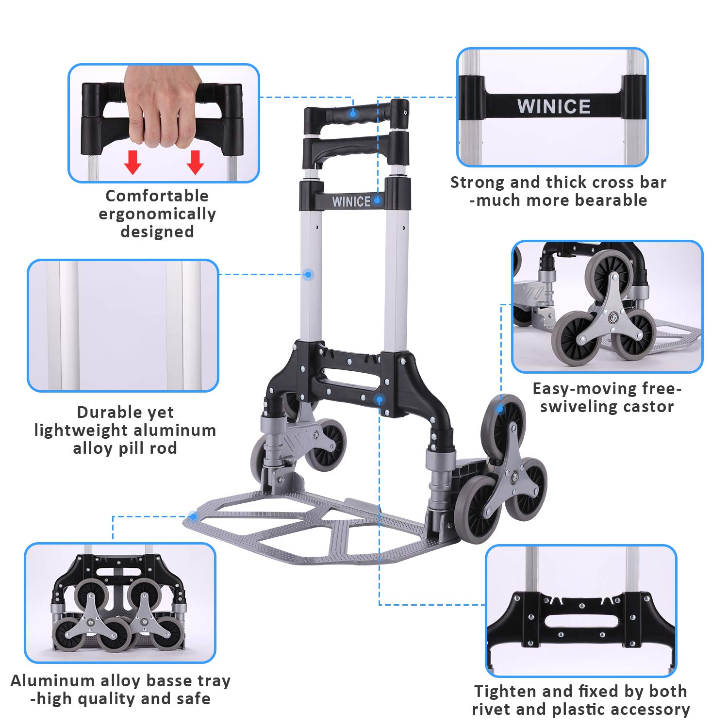 Stair Climbing Hand Truck,Heavy-Duty Hand Cart with Telescoping Handle,176 LB Load Capacity,6-Wheel Folding Cart for Moving and Office Use