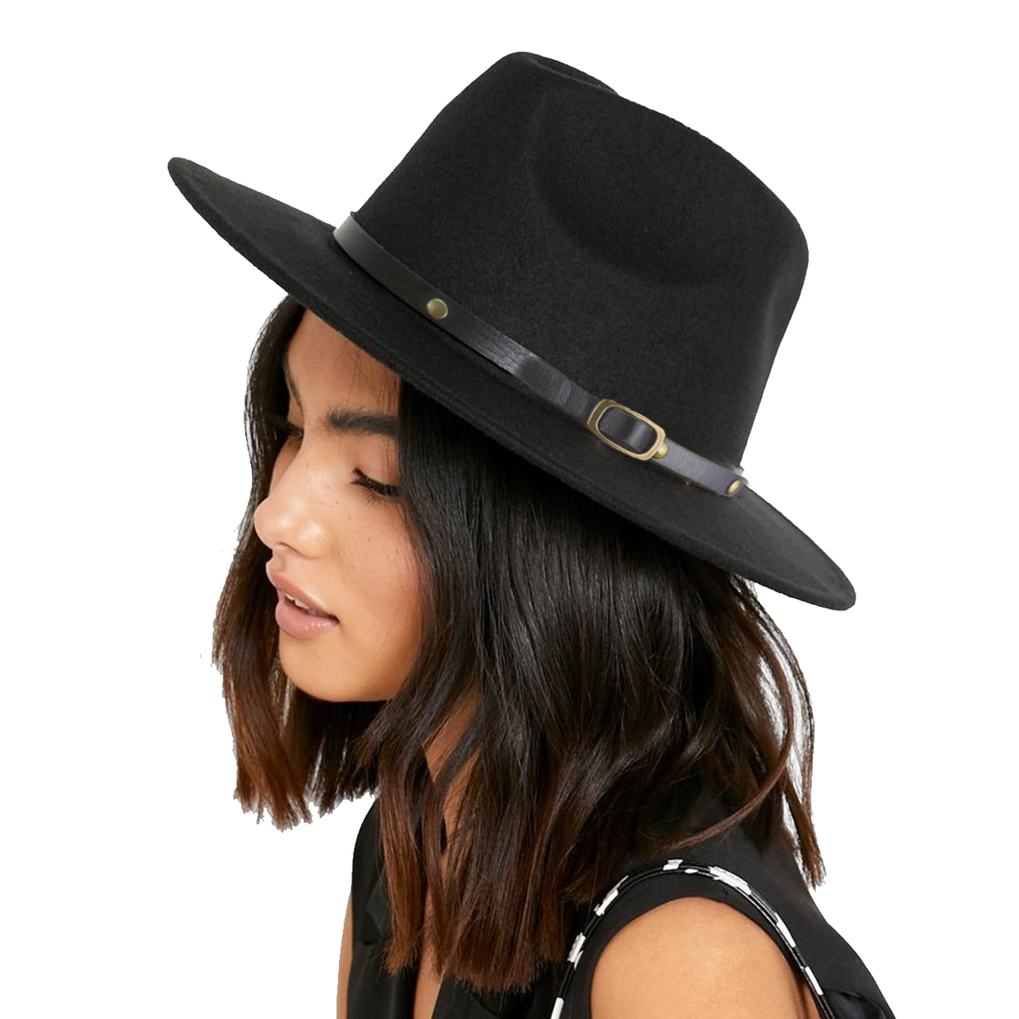 Fedora-Hats for Women-Men Vintage Flat-Wide-Brim Felt-Jazz-Hat Cotton-Blend Panama-Hat Medium/Large Black