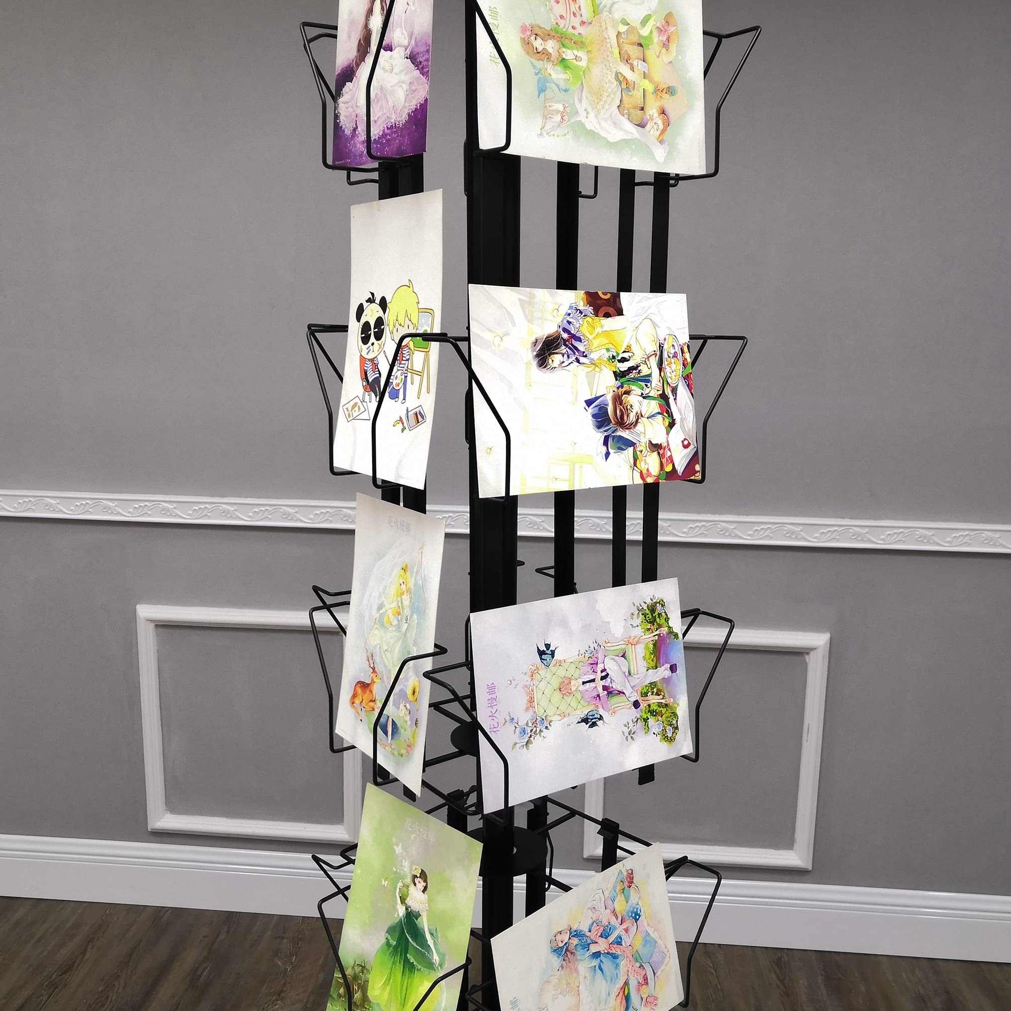 FixtureDisplays® 32 Adjustable Pockets Display Rack 5x7 7x5 up to 8.5" Wide X 8" Tall Cards, 1.27" deep Pockets, Double Tier Greeting Post Card Christmas Holiday Spinning Rack Stand Black 10095