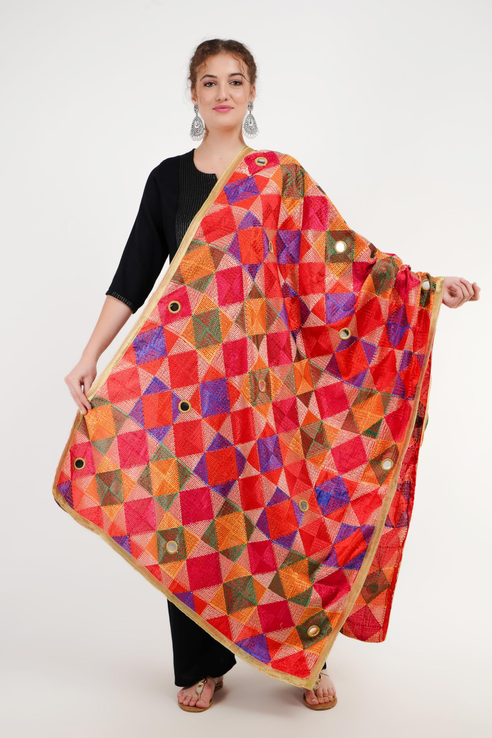 Phulkari Dupattas for Womens Hand Embroidered in Amritsar Punjabi Mirrors Fulkari Design