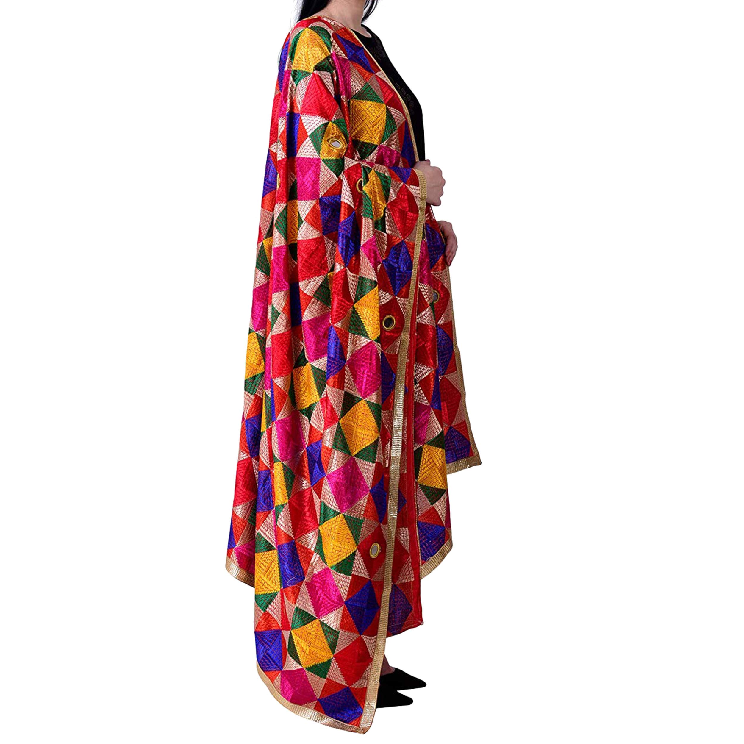 Phulkari Dupattas for Womens Hand Embroidered in Amritsar Punjabi Mirrors Fulkari Design