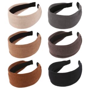 folora 6pcs wide plain knitted headbands, soft solid color elastic hair bands for women girls