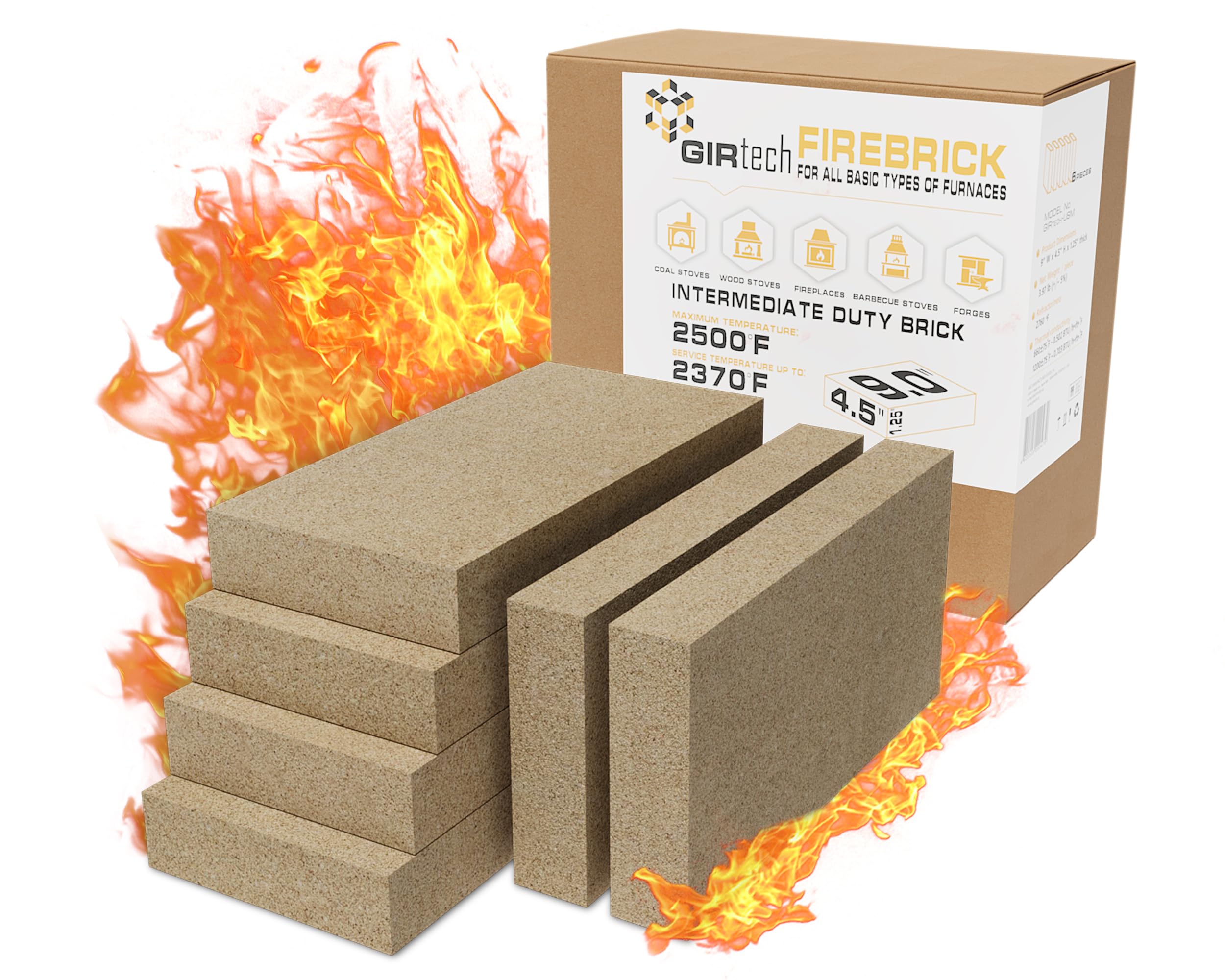 GIRtech USL Intermediate Fire Brick 2500F Pack of 6 Fire Bricks for Internal Lining Heating Units Insulating Warming layer for Fireplace, Steel Furnace, Wood Stove, Ceramic Oven Kiln, Blacksmith Forge