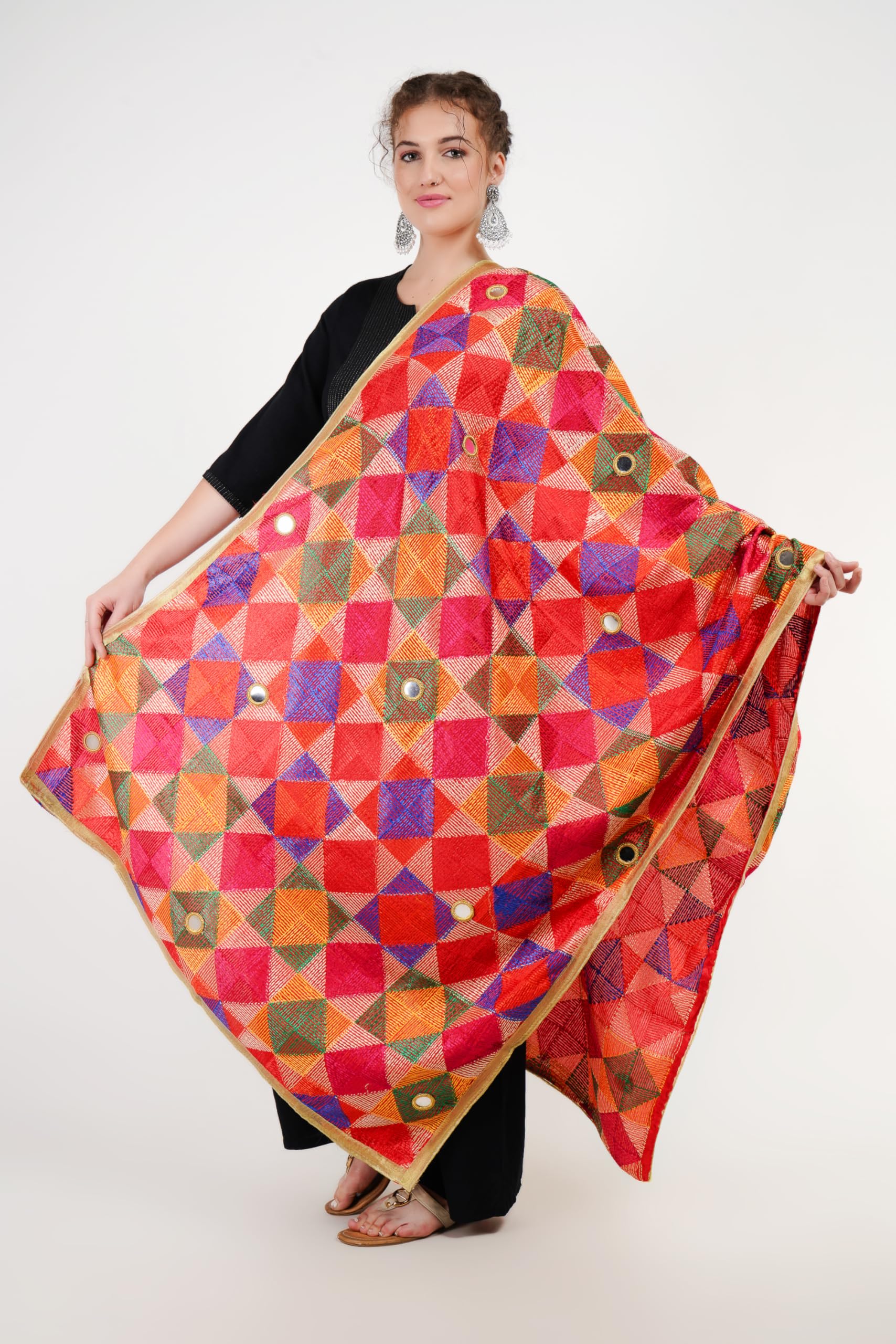 Phulkari Dupattas for Womens Hand Embroidered in Amritsar Punjabi Mirrors Fulkari Design