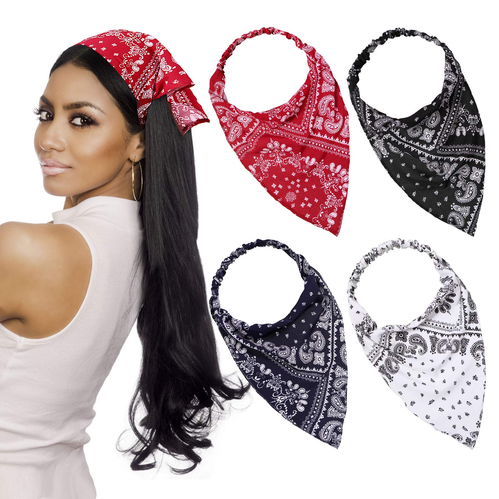 Syhood 4 Pieces Elastic Hair Scarf Headband Print Vintage Turban Hair Scarves Headwrap Triangle Kerchief Head Scarf Hair Bandanas for Women Girls