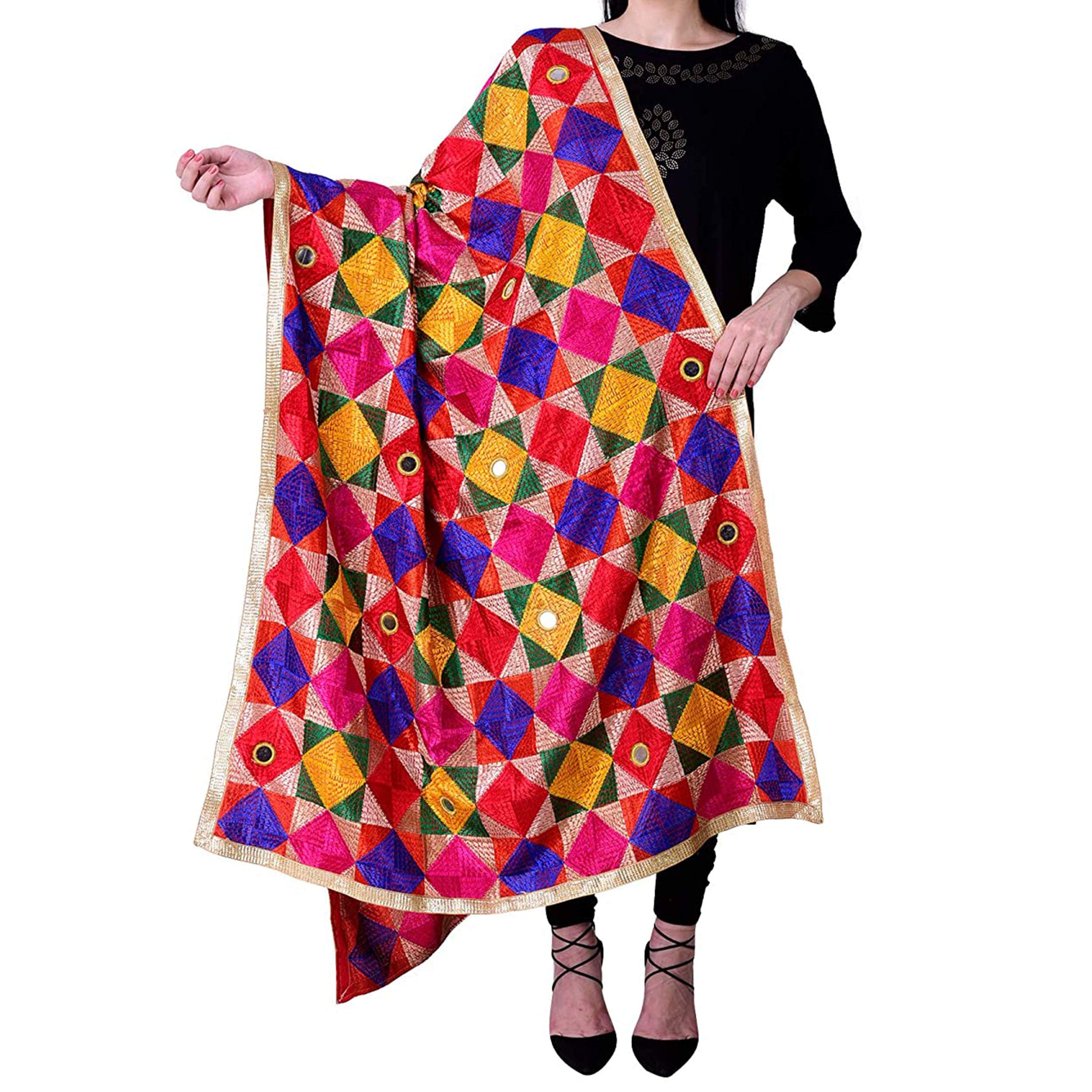 Phulkari Dupattas for Womens Hand Embroidered in Amritsar Punjabi Mirrors Fulkari Design