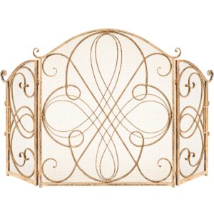 best choice products 3-panel 55x33in solid wrought iron see-through metal fireplace screen, spark guard safety protector w/decorative scroll - gold