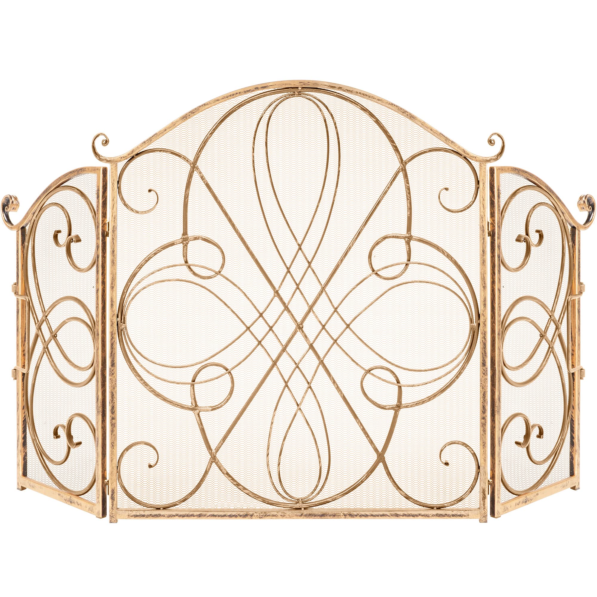 Best Choice Products 3-Panel 55x33in Solid Wrought Iron See-Through Metal Fireplace Screen, Spark Guard Safety Protector w/Decorative Scroll - Gold