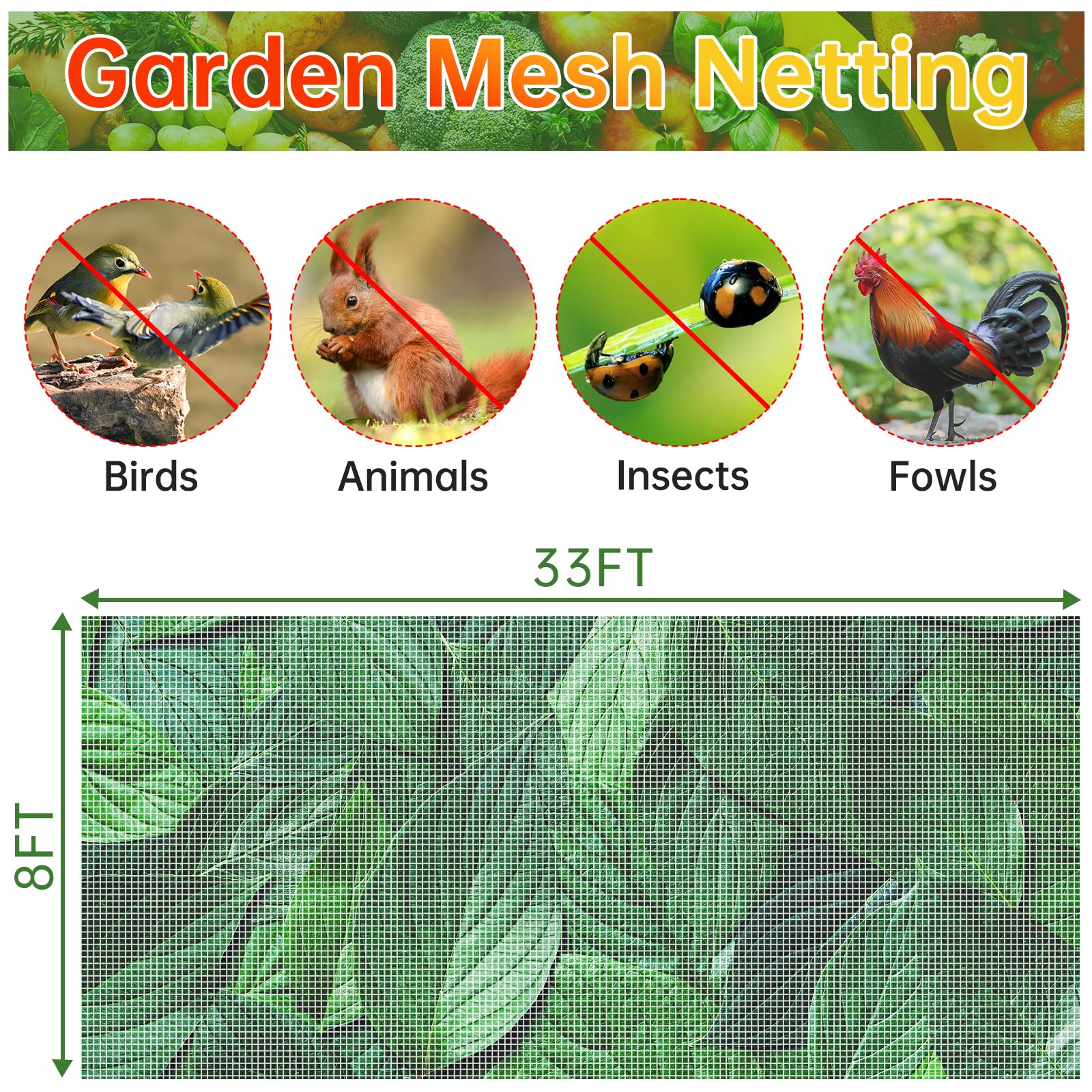 BILIENTE Garden Netting Fine Mesh(8ft x 33ft),Mosquito Netting, Garden Insect Screen Plant Covers for Protect Vegetable Plants Fruits Flowers Crops