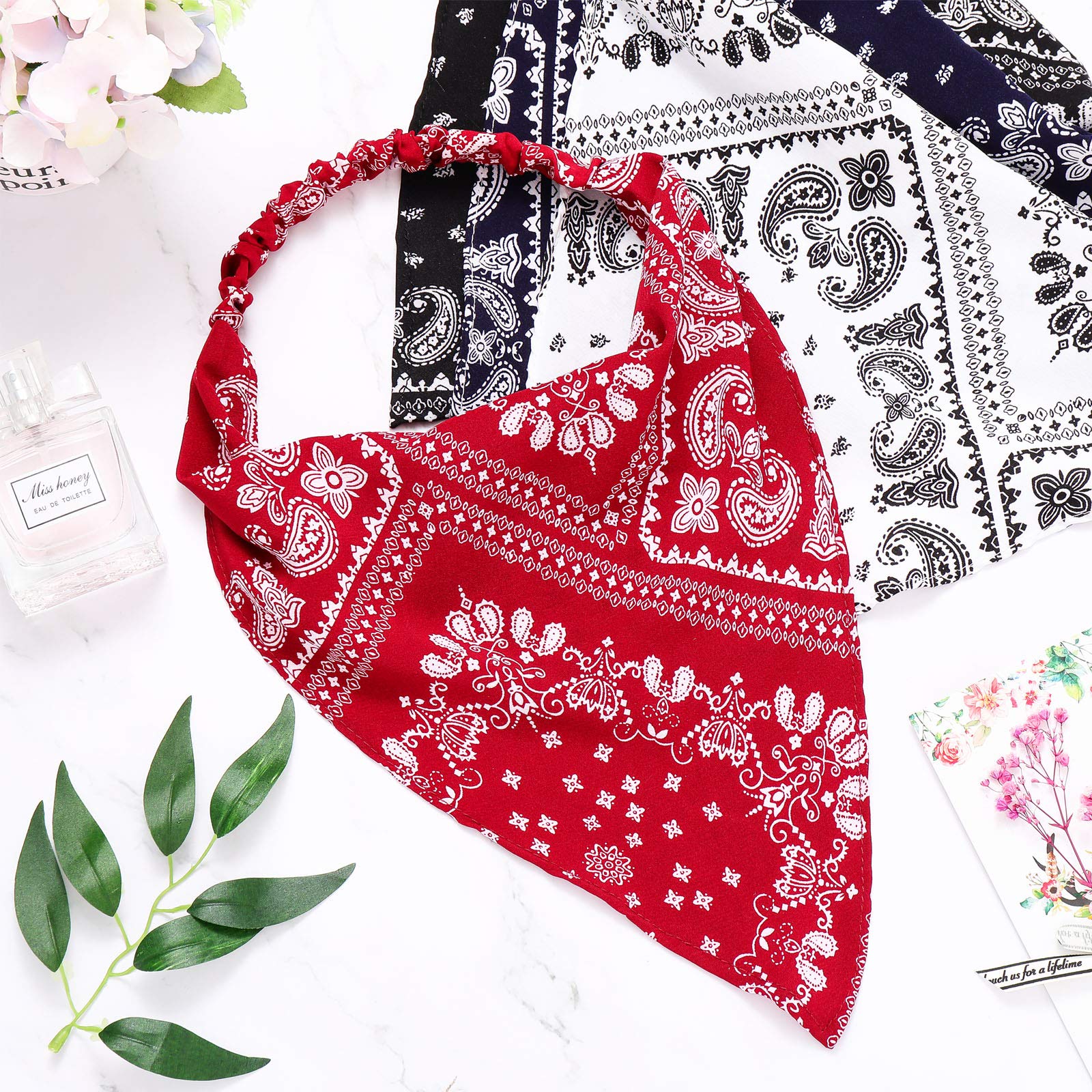 Syhood 4 Pieces Elastic Hair Scarf Headband Print Vintage Turban Hair Scarves Headwrap Triangle Kerchief Head Scarf Hair Bandanas for Women Girls