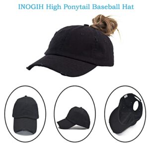 INOGIH Women Distressed High Bun Ponycaps Baseball-Hat Girls Cotton Ponytail Baseball-Cap Adjustable Black