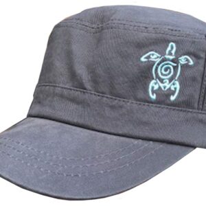 Womans Cadet Cap with Ocean Beach Theme, Short Brim Baseball Hat Featuring Celtic Design Sea Turtle (Gray with Turquoise Blue Turtle)