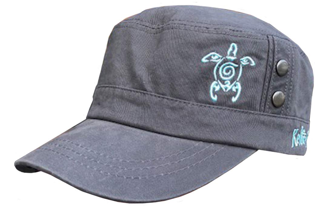 Womans Cadet Cap with Ocean Beach Theme, Short Brim Baseball Hat Featuring Celtic Design Sea Turtle (Gray with Turquoise Blue Turtle)