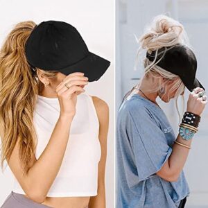 INOGIH Women Distressed High Bun Ponycaps Baseball-Hat Girls Cotton Ponytail Baseball-Cap Adjustable Black