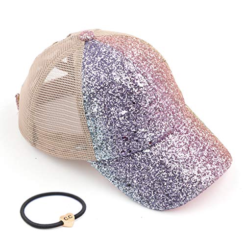 C.C Exclusives Washed Distressed Cotton Denim Criss-Cross Ponytail Hat Baseball Cap Bundle Hair Tie (BT-780)(BT-791) (A Elastic Band-Crystal Ombre Mermaid)