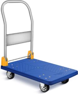 platform truck with 440lb weight capacity and 360 degree swivel wheels, foldable push hand cart for loading and storage, blue