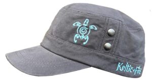 womans cadet cap with ocean beach theme, short brim baseball hat featuring celtic design sea turtle (gray with turquoise blue turtle)