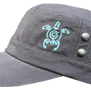 Womans Cadet Cap with Ocean Beach Theme, Short Brim Baseball Hat Featuring Celtic Design Sea Turtle (Gray with Turquoise Blue Turtle)