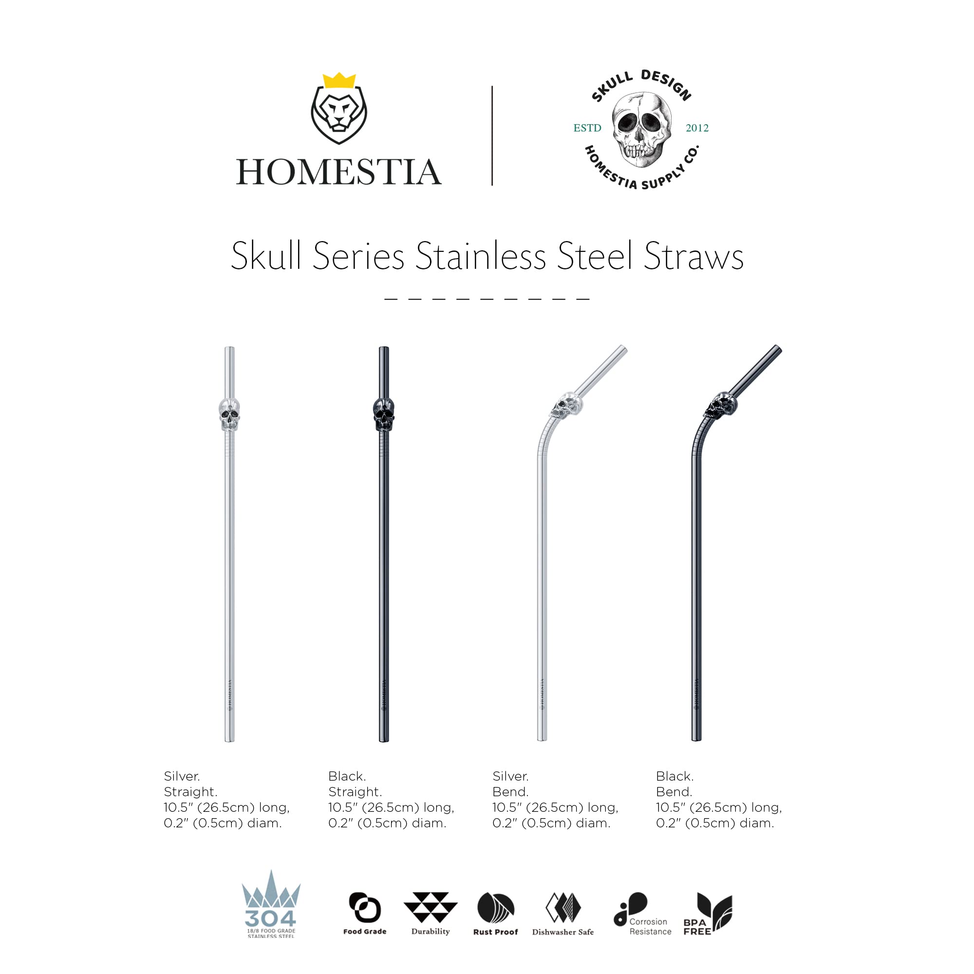 Homestia Long Reusable Straws Metal Straws with Silicone Tips, Drinking Straws Reusable Stainless Steel Straws, Skull Straws for Tumblers, 2 Straight 2 Bent, 10.5" Travel Straws with Cleaning Brush