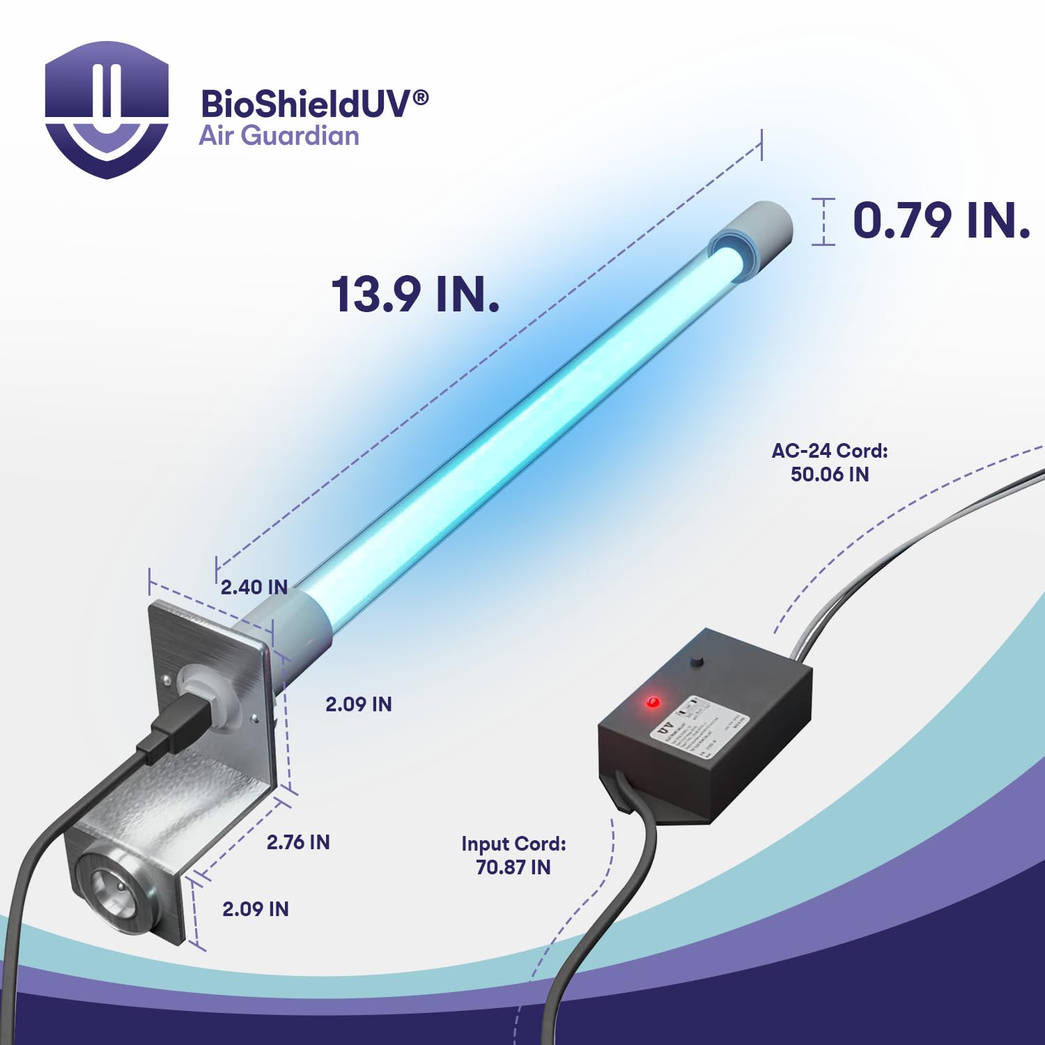 BioShieldUV® Lite 18W 24V HVAC UV Light Air Treatment System Magnetic Holder Alternating Current AC, Powered by HVAC Ballast - UVC Light for Air Conditioner UV Light for AC System