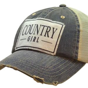 VINTAGE LIFE Distressed Washed Fun Baseball Trucker Mesh Cap (Country Girl (Denim Blue)), One Size