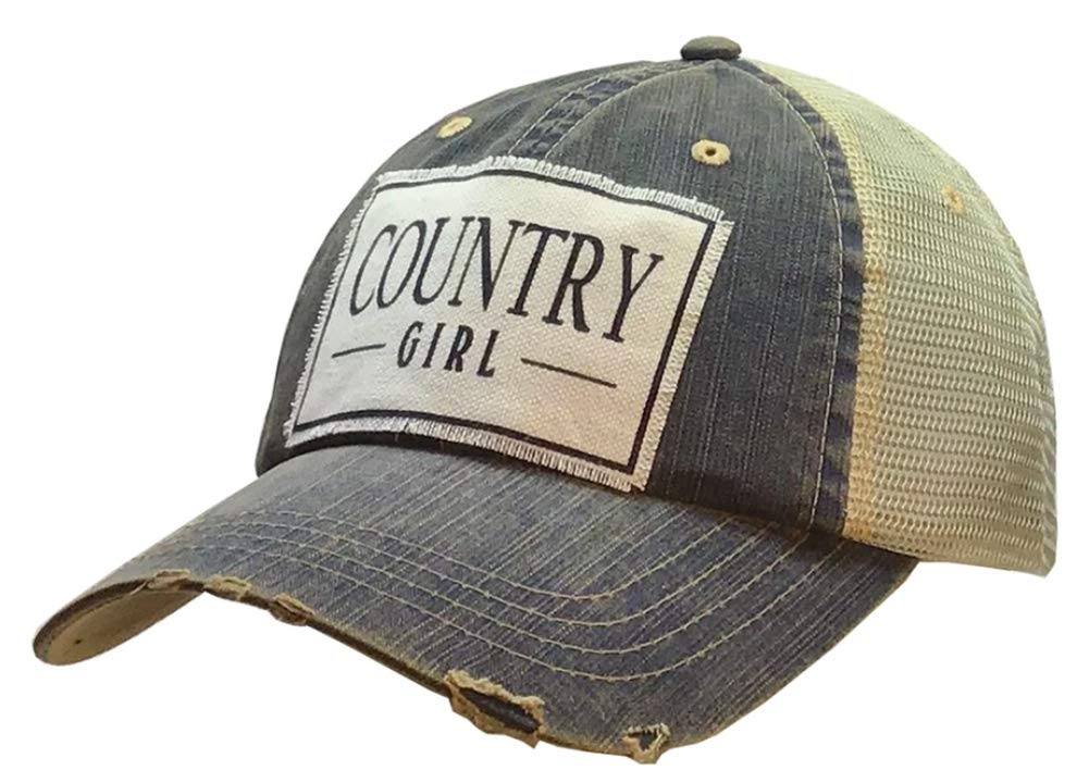 VINTAGE LIFE Distressed Washed Fun Baseball Trucker Mesh Cap (Country Girl (Denim Blue)), One Size