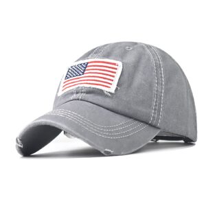 INOGIH Women American Flag Ponytail Hat Embroidery Washed-Cotton Messy Bun Baseball-Cap Adjustable Grey