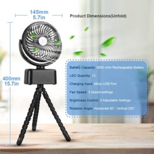 Towkka Portable Camping Fan with Led Lights, Quiet Stroller Fan with 3 Speed and Brightness Settings, 4 in 1 Rechargeable 5000mAh USB Desk Oscillating Fan