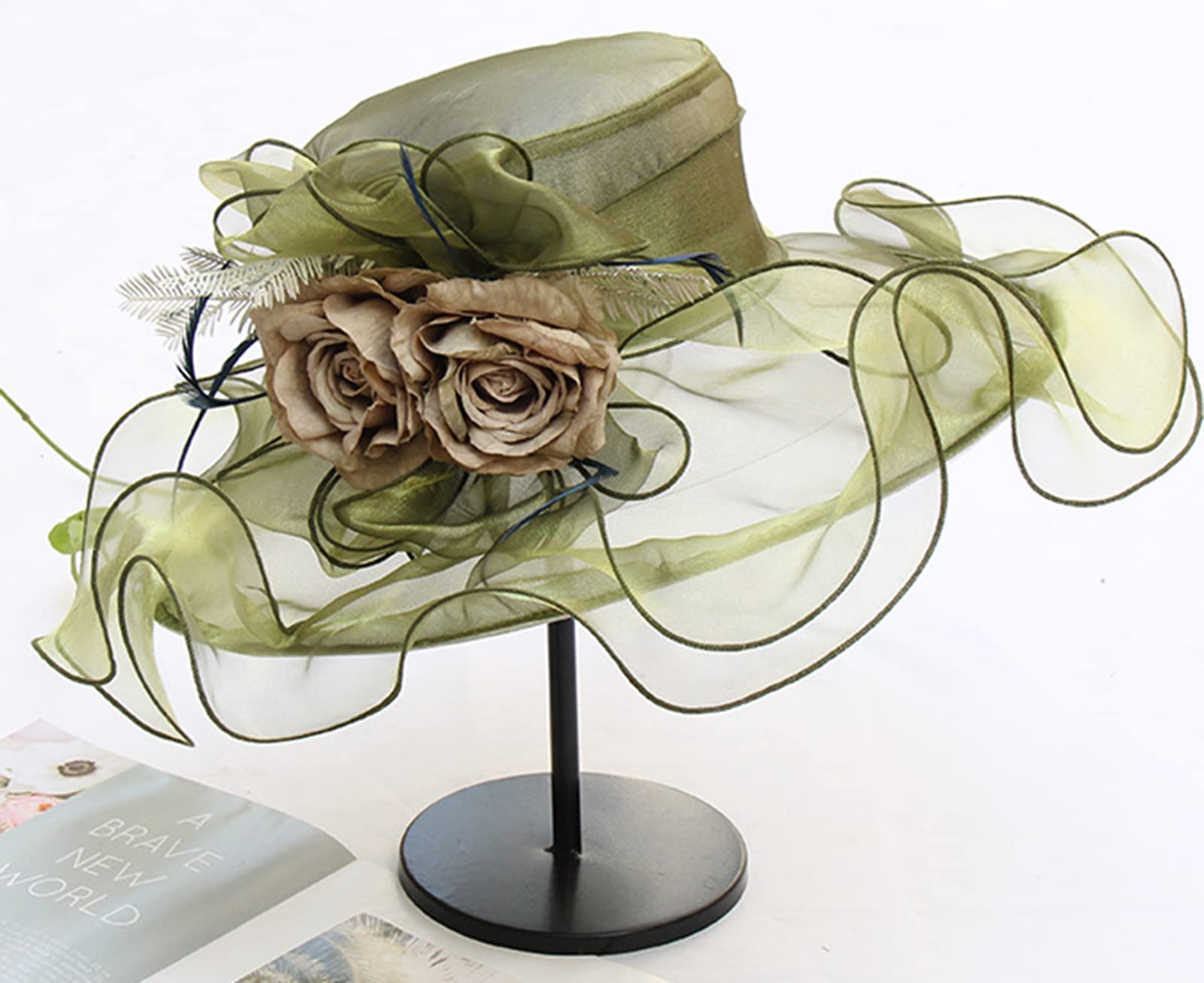 ORIDOOR Women Organza Fascinator Church Derby Hat Floral Tea Party Wedding Hat (013F Green) One Size …