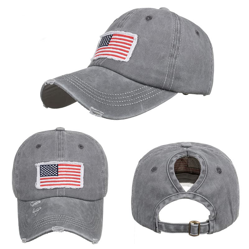 INOGIH Women American Flag Ponytail Hat Embroidery Washed-Cotton Messy Bun Baseball-Cap Adjustable Grey