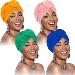 satinior 4 pieces african pattern headwrap pre-tied bonnet turban knot beanie cap headwrap hat (green, yellow, blue, camel)