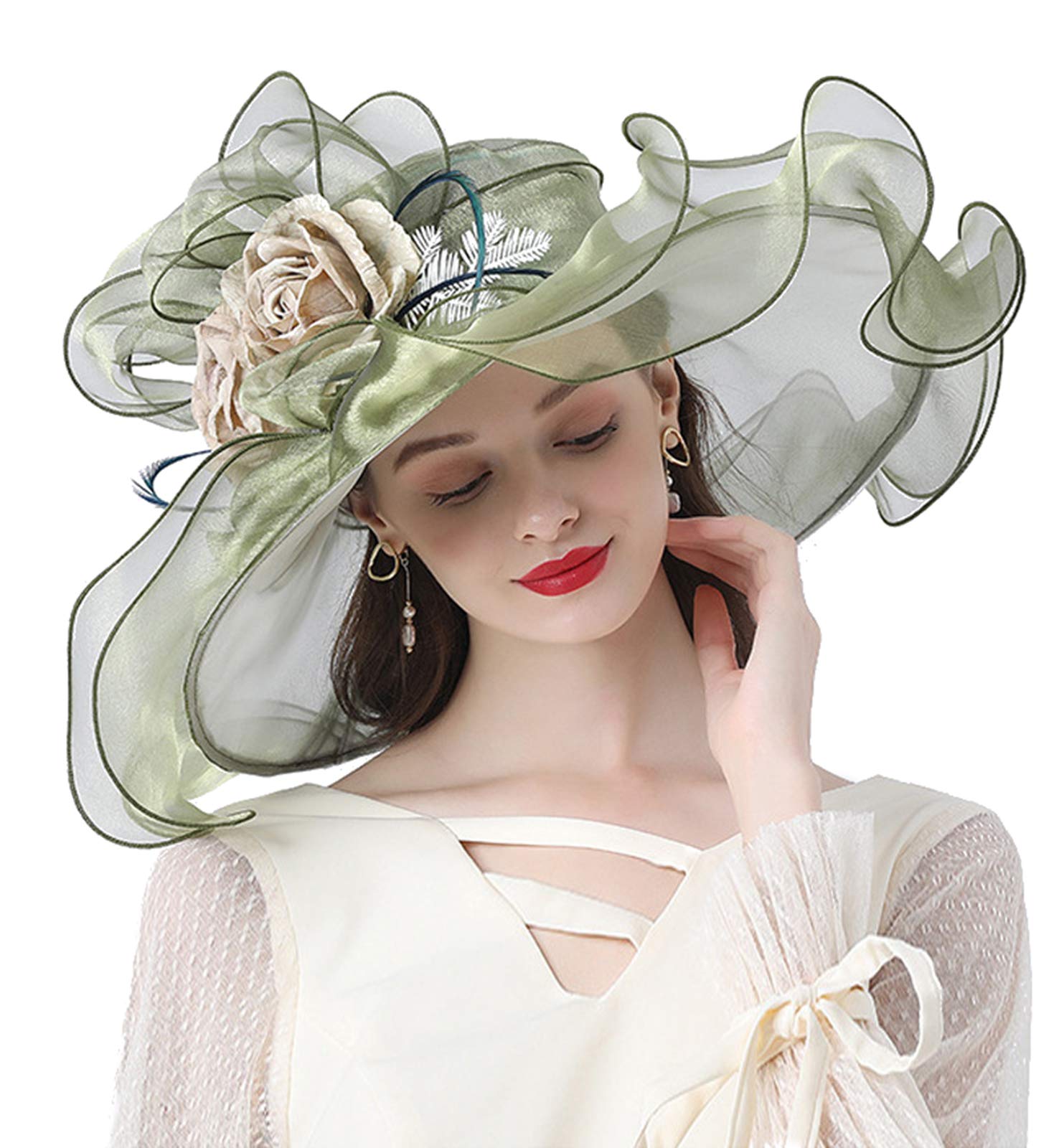 ORIDOOR Women Organza Fascinator Church Derby Hat Floral Tea Party Wedding Hat (013F Green) One Size …