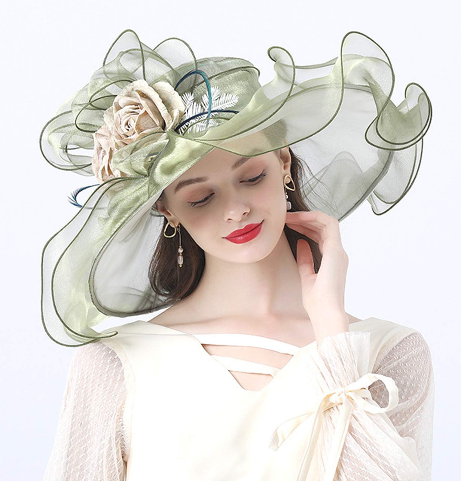 ORIDOOR Women Organza Fascinator Church Derby Hat Floral Tea Party Wedding Hat (013F Green) One Size …