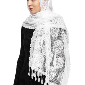 Wgior Rose Rectangular Chapel Veil Scarf Catholic Church Veils Mantilla Wrap Shawl Mass Head Covering (White)