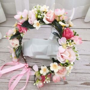 Vividsun Flower Crown Floral Wreath Headband Floral Crown Wedding Festivals Photo Props Headpiece (pink)