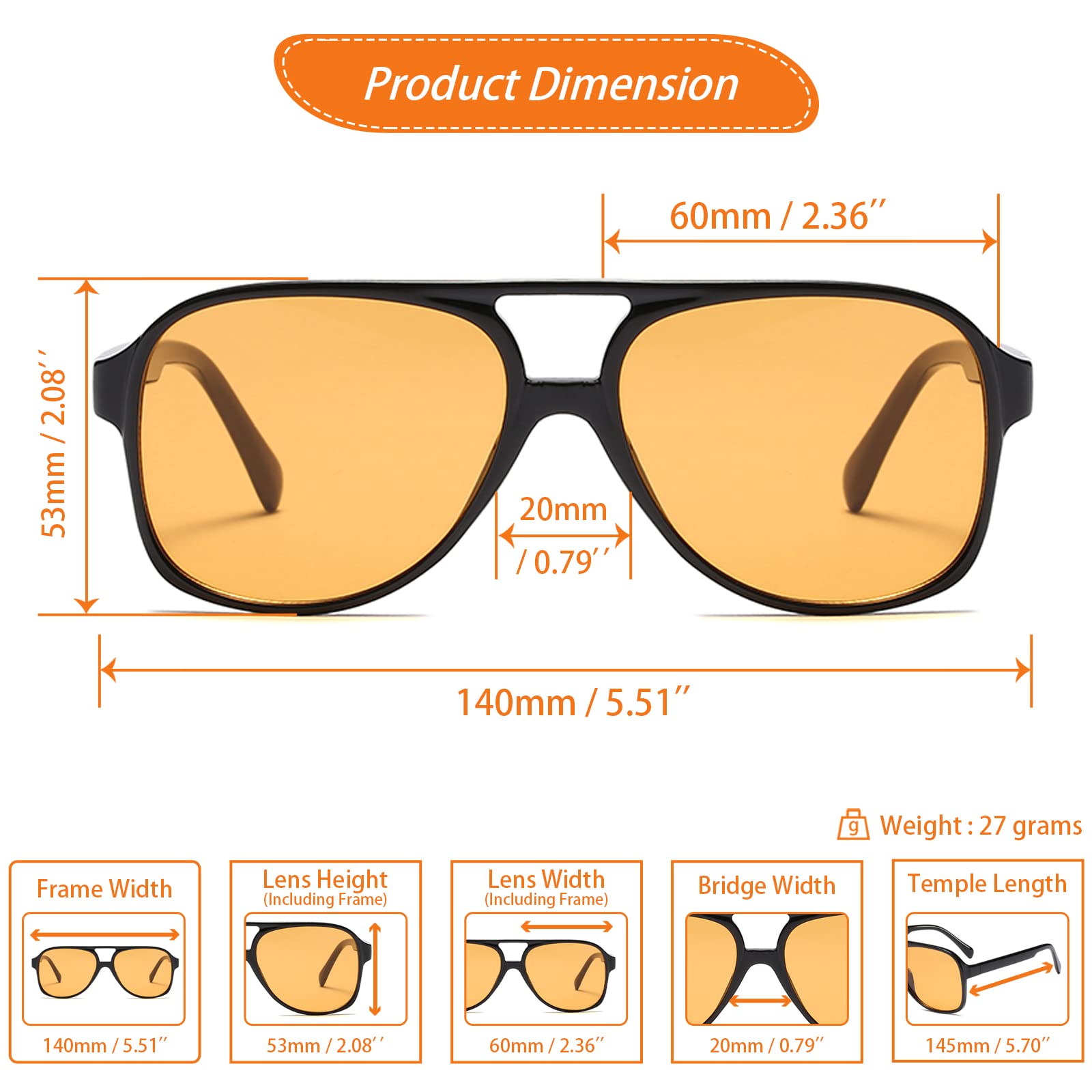 Xpectrum Big 70s Retro Clear Yellow Sunglasses for Men Women Vintage Trendy Sun Glasses (Yellow/Orange)