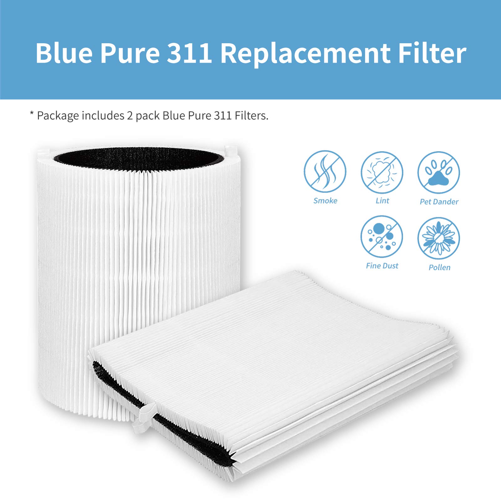 2 Pack 311 Auto Filters Replacement，Compatible with Blueair Blue Pure 311 Auto Air Purifier，2 in 1 HEPASilent and Activated Carbon Filter