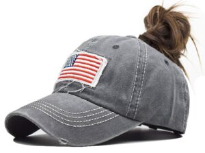 inogih women american flag ponytail hat embroidery washed-cotton messy bun baseball-cap adjustable grey